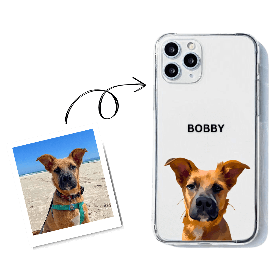 Custom Pet Portrait - PHONE CASE featuring a dog illustration and a photo of the same dog, with delivery available in South Africa.