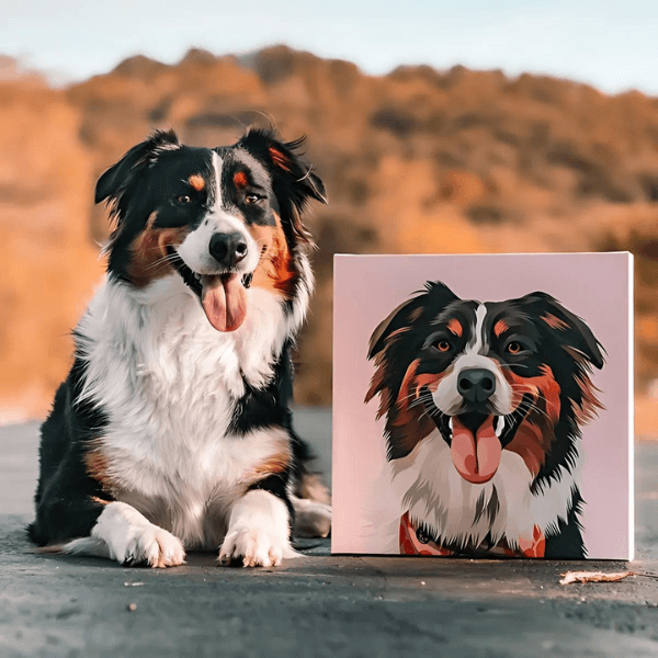 Custom Pet Pawtrait - CANVAS of a happy dog next to its illustrated portrait on canvas.