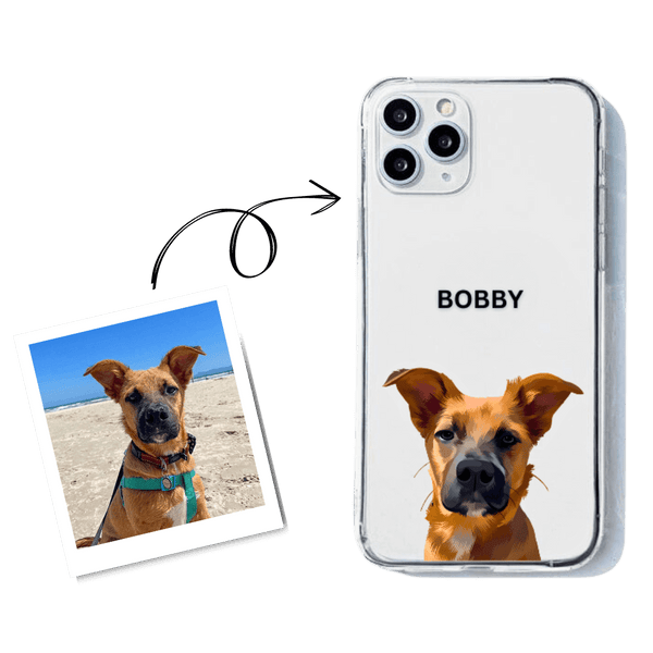 Custom Pet Portrait - PHONE CASE featuring a dog illustration and a photo of the same dog, with delivery available in South Africa.